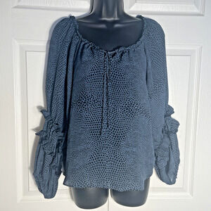 Parker Shirt Women‎ XS Blue Black Silk Peasant Ruffle Sleeve Sheer Animal Print
